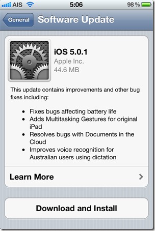 หน้าจอการ update IOS 5 